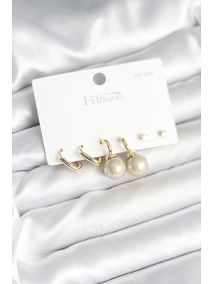 Pirinç Gold Renk İnci Detaylı 925 Gümüş Çivili Kadın Küpe Seti