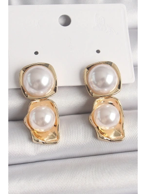 Pirinç Gold Renk İnci Kare Model Kadın Küpe