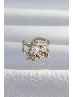 Pirinç Gold Renk İncili Ahtapot Earcuff Küpe