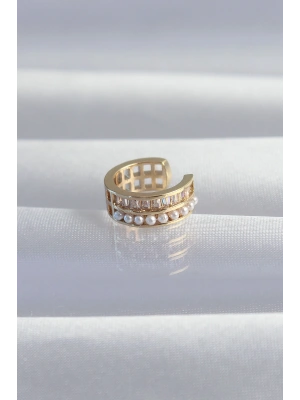 Pirinç Gold Renk İncili Baget Taşlı Earcuff Küpe
