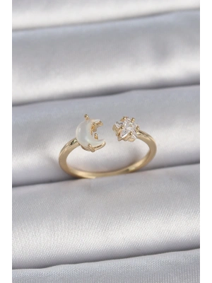 Pirinç Gold Renk İncili Hilal Zirkon Taşlı Yıldız Ayarlanabilir Model Kadın Yüzük