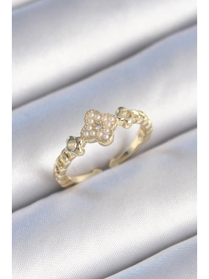 Pirinç Gold Renk İncili Yonca Model Zirkon Taş Detay Kadın Yüzük