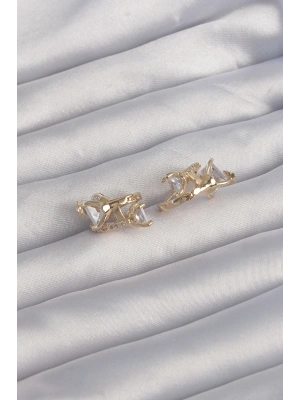 Pirinç Gold Renk İri Zirkon Taşlı Kıvrımlı Minimal Kelebekli Halka Küpe