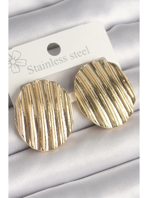 Pirinç Gold Renk İşlemeli Daire Plaka Model Kadın Küpe