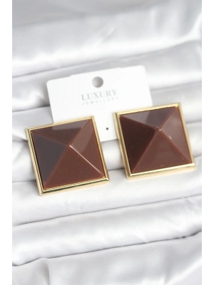 Pirinç Gold Renk Kahverengi Piramit Model Kadın Küpe