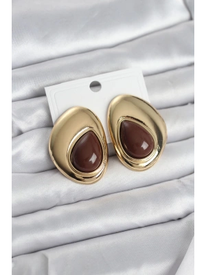 Pirinç Gold Renk Kahverengi Taşlı Damla Model Vintage Kadın Küpe