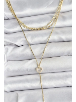 Pirinç Gold Renk Kalp Detaylı 3lü Kombin Y Kadın Kolye