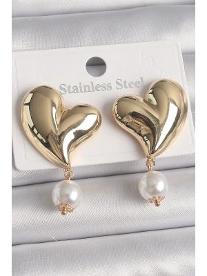 Pirinç Gold Renk Kalp Model Sallantı İnci Detay Kadın Küpe