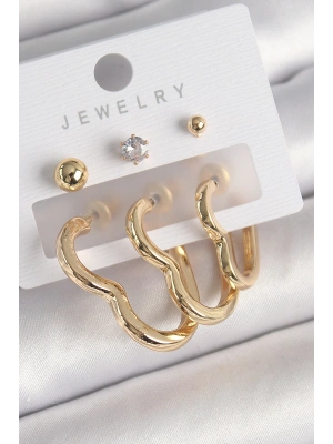 Pirinç Gold Renk Kalp Model Zirkon Taşlı Topçuk Detay Kadın Küpe Seti