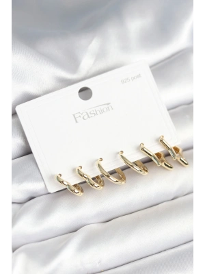 Pirinç Gold Renk Kalp Yıldız ve Halka Model 925 Ayar Gümüş Çivili Kadın Küpe Seti