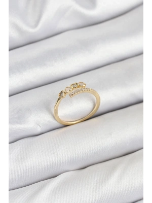 Pirinç Gold Renk Kalpli Detaylı Zirkon Taşlı Kadın Yüzük