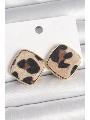 Pirinç Gold Renk Kare Leopar Model Kadın Küpe