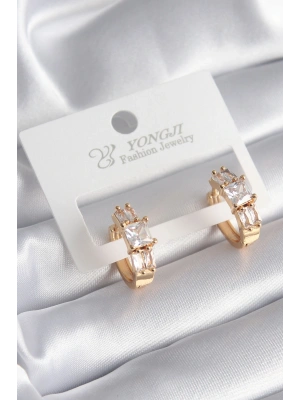 Pirinç Gold Renk Kare Zirkon Taşlı Kadın Küpe