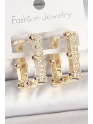 Pirinç Gold Renk Kare Zirkon Taşlı Kadın Küpe