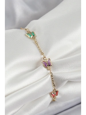 Pirinç Gold Renk Karışık Renk Kelebek Zirkon Taşlı Kadın Bileklik