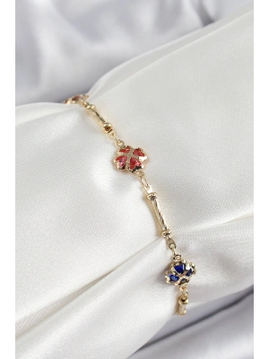 Pirinç Gold Renk Karışık Renk Yonca Zirkon Taşlı Kadın Bileklik