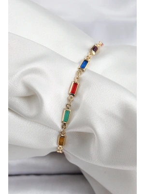 Pirinç Gold Renk Karışık Renkli Kare Zirkon Taşlı Kadın Bileklik