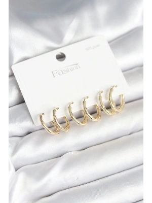 Pirinç Gold Renk Kemik Halka Model 925 Ayar Gümüş Çivili Kadın Küpe Seti