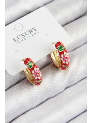 Pirinç Gold Renk Kırmızı Çiçek İşleme Mineli Kadın Küpe