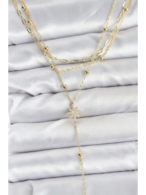 Pirinç Gold Renk Kutup Yıldızı Detaylı 3lü Kombin Kadın Kolye