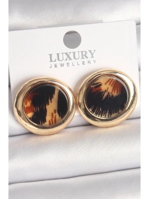 Pirinç Gold Renk Leopar Desen Daire Model Kadın Küpe