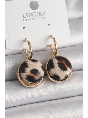 Pirinç Gold Renk Leopar Desenli Daire Model Kadın Küpe