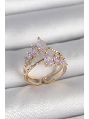 Pirinç Gold Renk Mor Damla Zirkon Taşlı Taç Model Kadın Yüzük