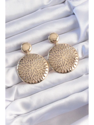Pirinç Gold Renk Oval İşlemeli Küpe