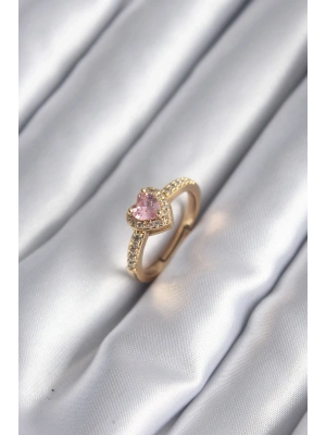 Pirinç Gold Renk Pembe Zirkon Taş Kalp Charm Model Kadın Yüzük