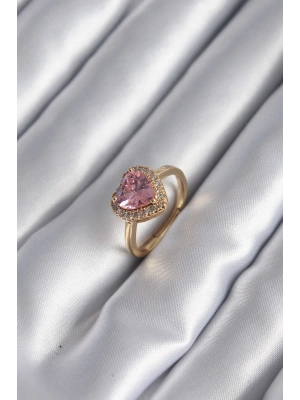 Pirinç Gold Renk Pembe Zirkon Taş Kalp Charm Model Kadın Yüzük