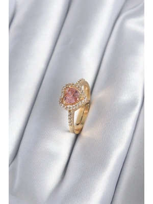 Pirinç Gold Renk Pembe Zirkon Taş Kalp Charm Model Kadın Yüzük
