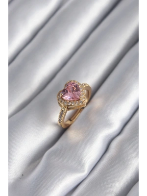 Pirinç Gold Renk Pembe Zirkon Taşlı Charm Kalp Model Kadın Yüzük
