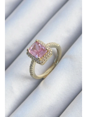 Pirinç Gold Renk Pembe Zirkon Taşlı Kadın Yüzük