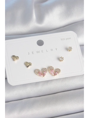 Pirinç Gold Renk Pembe Zirkon Taşlı Kalp Model 925 Ayar Gümüş Çivi Kadın Küpe Seti