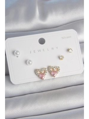 Pirinç Gold Renk Pembe Zirkon Taşlı Kalp Model İnci Detay 925 Ayar Kadın Küpe Seti