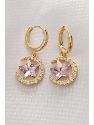 Pirinç Gold Renk Pembe Zirkon Taşlı Yıldız Detay Ay Küpe