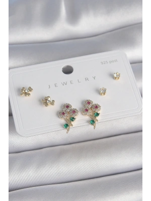 Pirinç Gold Renk Renkli Zirkon Taşlı Çiçek Model Yaprak Detay 925 Ayar Gümüş Çivi Kadın Küpe Seti