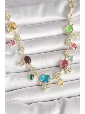 Pirinç Gold Renk Renli Zirkon Taşlı VIP Seri Kadın Kolye