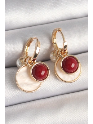 Pirinç Gold Renk Sallantı Beyaz Mineli Bordo Detay Kadın Küpe