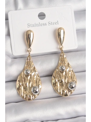 Pirinç Gold Renk Sallantı Damla Model Gümüş Top Detay Kadın Küpe