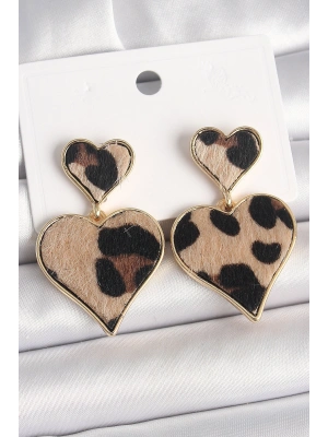 Pirinç Gold Renk Sallantı Leopar Kalp Model Kadın Küpe