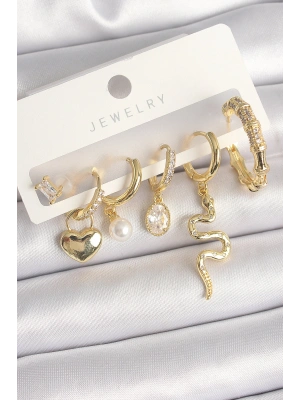 Pirinç Gold Renk Sallantı Yılan Model Zirkon Taşlı Halka Kilit Kalp Detay Kadın Küpe Seti
