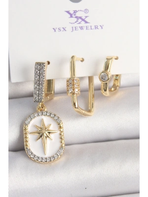 Pirinç Gold Renk Sallantı Zirkon Taş İşlmeli Yıldız Portre Model 3Lü Kadın Kombin Küpe