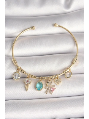 Pirinç Gold Renk Sallantı Zirkon Taşlı AYıcık Figür Kalp Detay Charm Kadın Bileklik