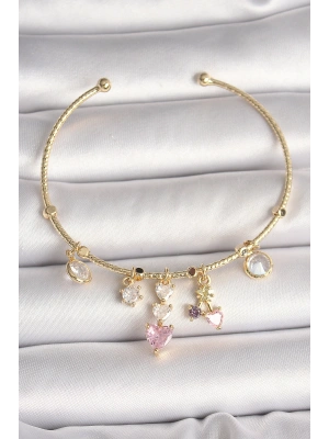 Pirinç Gold Renk Sallantı Zirkon Taşlı Kalp Figür Pembe Kalp Detay Charm Kadın Bileklik