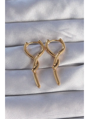 Pirinç Gold Renk Sarmal Çubuk Tasarımlı Uzun Küpe