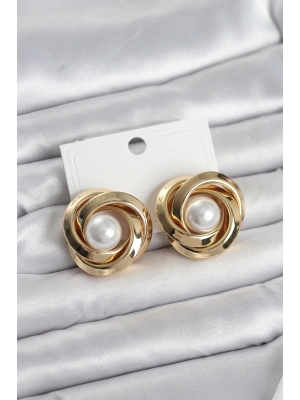 Pirinç Gold Renk Sarmal Model İncili Kadın Küpe