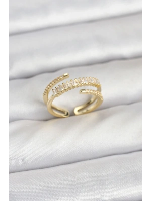 Pirinç Gold Renk Sıralı Baget Zirkon Taşlı Kadın Yüzük