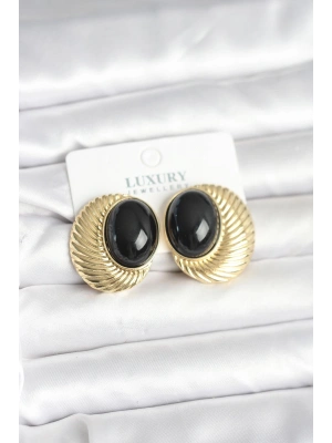 Pirinç Gold Renk Siyah Boncuklu Oval Vintage Kadın Küpe