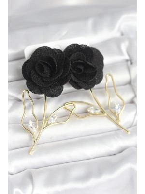 Pirinç Gold Renk Siyah Gül Model Kadın Küpe